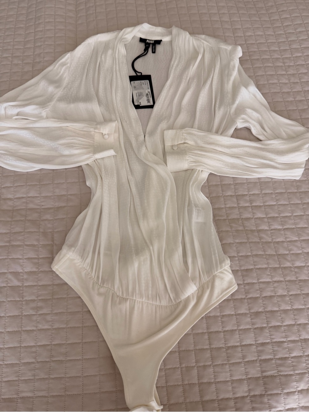PAIGE White Draped V-Neck Long-Sleeve Bodysuit